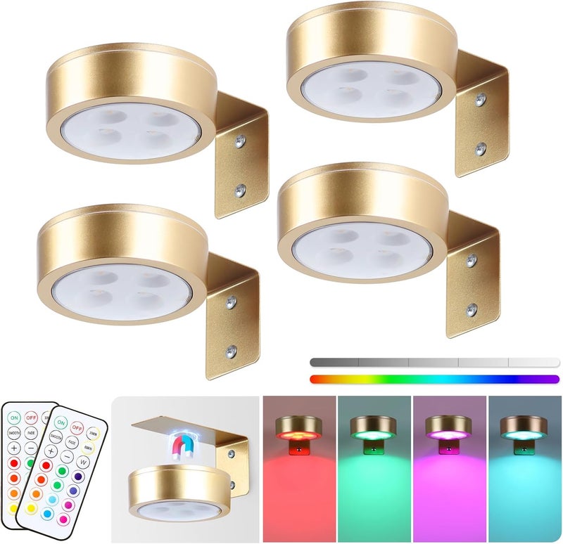 KELUOLY 4-Pack Picture Light Battery Operated Painting Lights, 13 Color RGB Magnetic LED Display Art Light with Remote, Dimmable and Timer Portrait Light for Art Frame Artworking, Wall Decor Puck Light, Gold - Image 1